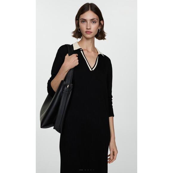 MANGO MNG Knitted Long Sleeve Maxi Sweater Dress Contrasting Shirt Collar Sz 6 - Picture 1 of 13